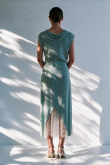 ISLA Crystal Blue Viscose Midi Dress with Lace Insertions 