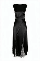 ISLA Black Viscose Midi Dress with Lace Insertions 