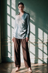ALMA FILIGRAN Draped Viscose-Blend Wrap Mint Blouse with White Lace Appliqué