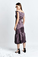 SANZIENE Dress (Plum Silk-blend Midi Dress with Asymmetric Ruffled Hem)