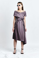 DALBA Dress (Plum Cape-effect Silk-blend Midi Dress with Asymmetric Hem)