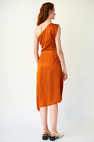 MIRAGE One-Shoulder Orange Midi Dress with Side Pleat