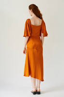 PHOENIX Orange Midi Dress with Pleated Sleeves