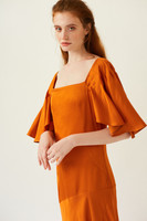 PHOENIX Orange Midi Dress with Pleated Sleeves