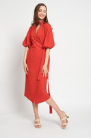 FAITH Coral Wrap Dress with Puffy Sleeves