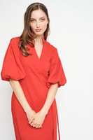 FAITH Coral Wrap Dress with Puffy Sleeves