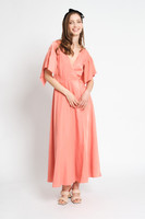 UTOPIA Light-Coral Maxi Wrap Dress with Pleated Sleeves