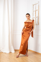 AURORA Satin Gown with Asymmetric Bodice in Bronze