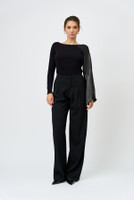 The SWAN Bamboo Knit Top with Plissé-Satin Sleeve in Black
