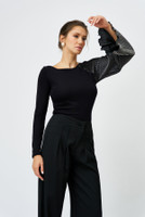The SWAN Bamboo Knit Top with Plissé-Satin Sleeve in Black