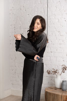 The SWAN Bamboo Knit Top with Plissé-Satin Sleeve in Black