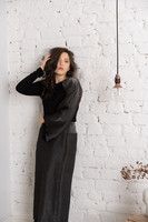 The SWAN Bamboo Knit Top with Plissé-Satin Sleeve in Black