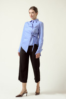 FEARLESS Asymmetric Poplin Shirt with Waist Tie in Light-Blue