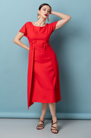 TIANA High Waist Midi Dress with Front Panels & Bows in Red