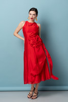 IN-BLOOM Voile Midi Dress with Hand-Made Roses in Red