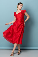 CELESTE Red Midi Dress in Lyocell Voile