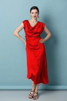 ELIDA Red Midi Dress - Elegant Cowl Neck Viscose Blend