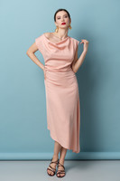 ELIDA Powder-Pink Midi Dress - Elegant Cowl Neck Viscose Blend