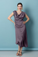 ELIDA Midi Dress in Plum - Elegant Cowl Neck Silk Blend