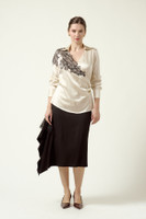 ALMA FILIGRAN Draped Viscose-Blend Wrap Blouse with Black Lace Appliqué