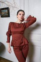 VESPER Brown Sculpted Top with Elegant Structured Sleeves in Stretch Cotton