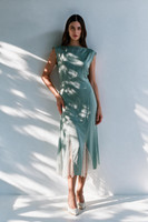 ISLA Crystal Blue Viscose Midi Dress with Lace Insertions 