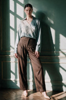 ALMA FILIGRAN Draped Viscose-Blend Wrap Mint Blouse with White Lace Appliqué