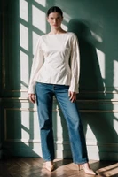 VESPER White Sculpted Top with Elegant Structured Sleeves in Stretch Cotton