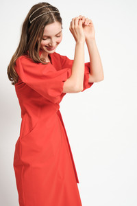 FAITH Coral Wrap Dress with Puffy Sleeves FAITH Coral Wrap Dress with Puffy Sleeves