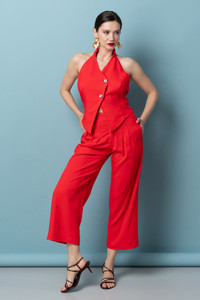 BELLE Halterneck Textured-Viscose Vest in Red
