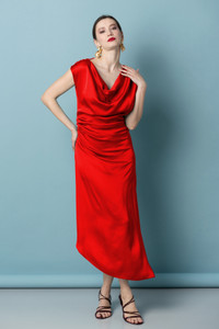 ELIDA Red Midi Dress - Elegant Cowl Neck Viscose Blend