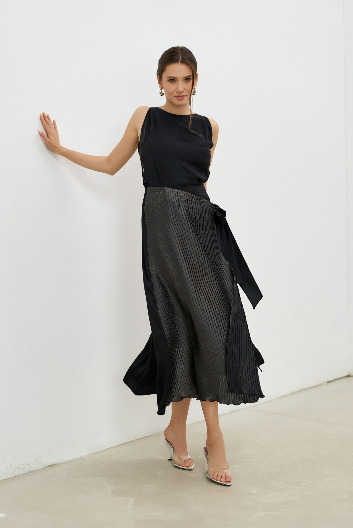 【 BOHEMSEO 】pleated wrap skirt WRINKLED WOOL/RAYON TWILL PLEATED WRAP SKIRT(XS Charcoal): Vintage