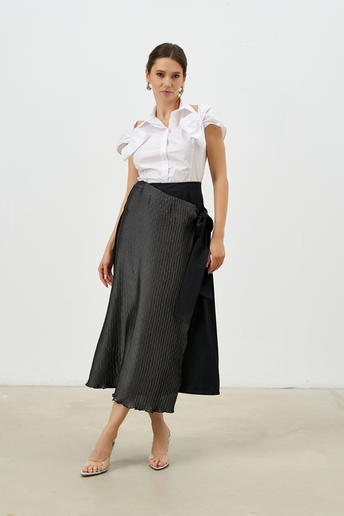 ODYSSEY Wrap Skirt with Pleated Front Panel in Black - DALB