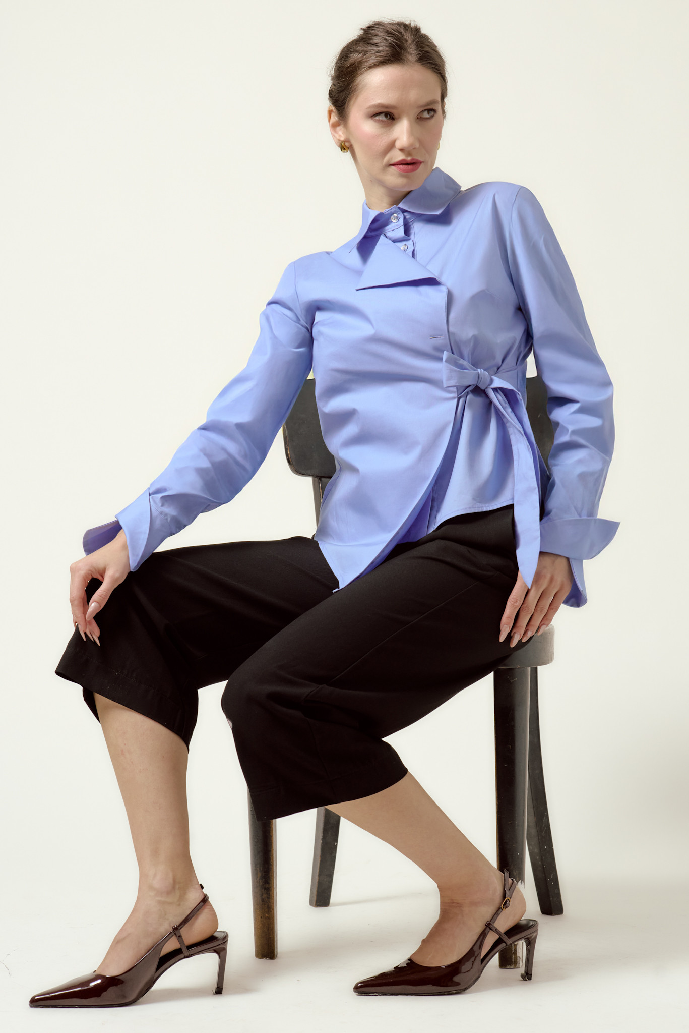FEARLESS Asymmetric Poplin Shirt with Waist Tie in Light-Blue - DALB