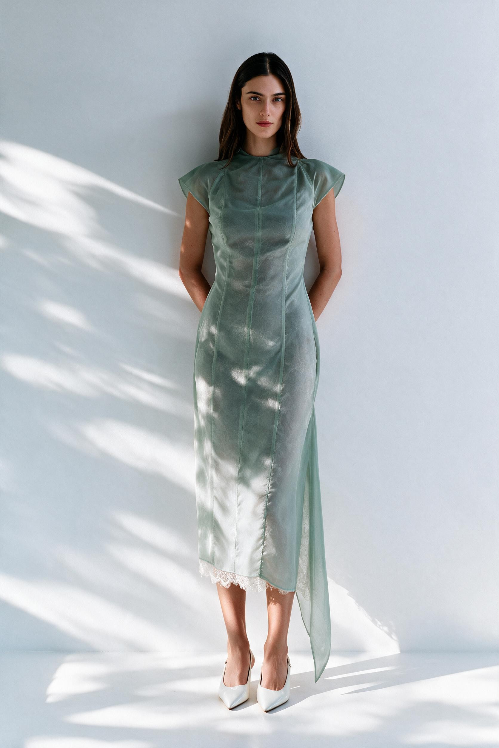 LIORA Voile Dress with Asymmetric Back Panel & Lace Lining in Sage-Green