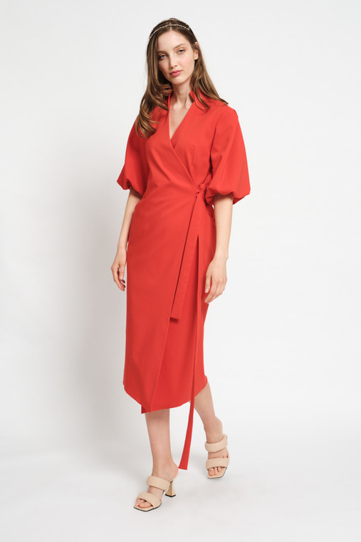 FAITH Coral Wrap Dress with Puffy Sleeves - DALB