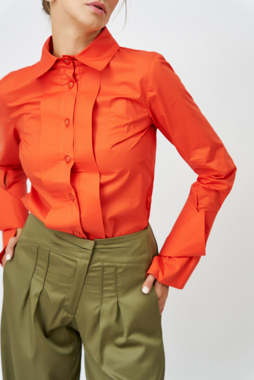 On-the-Edge Poplin Shirt with Oversized Cuffs in Orange