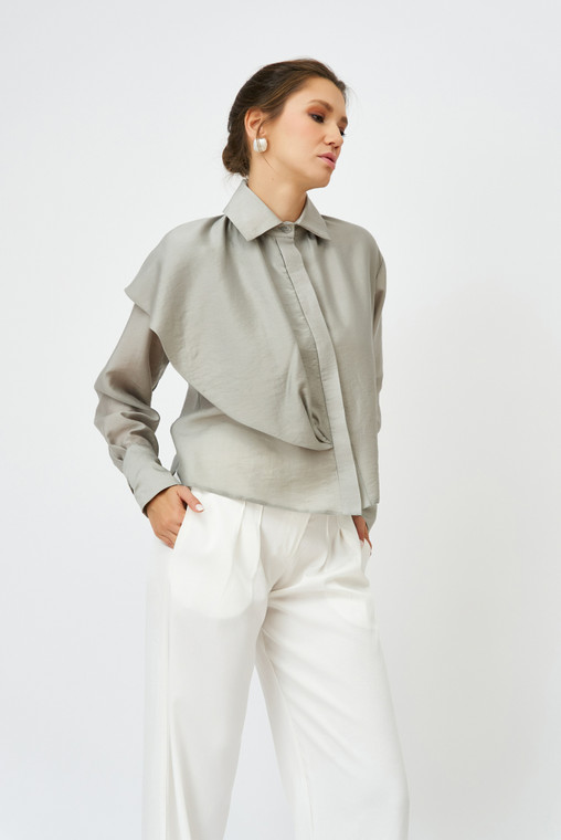 Petal Voile Shirt with Asymmetric Front in Grey