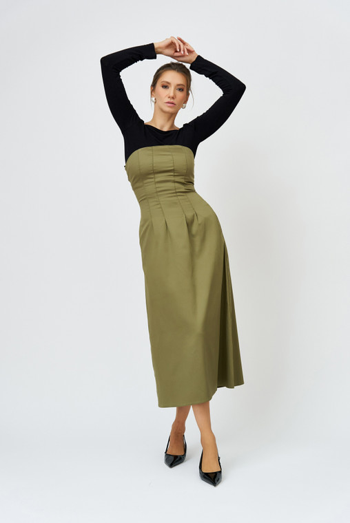INFINITY Set Strapless Midi Dress in Green & Bamboo Knit Top