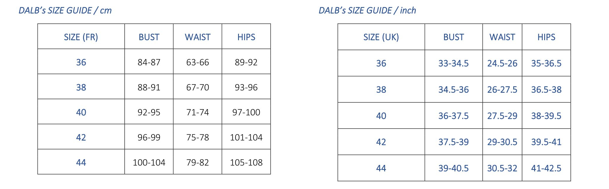 Sizing Information