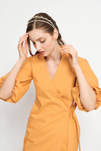 knee length dresses for ladies Orange Linen Wrap Dress – Handmade V-Neck Summer Midi Dress Orange / L main image 0