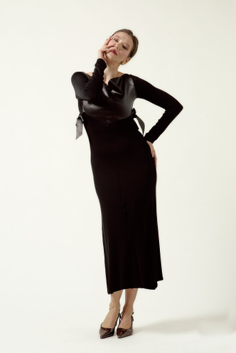 LAYLA Bamboo Knit Midi Dress with Silk‑Blend Bodice in Black - DALB