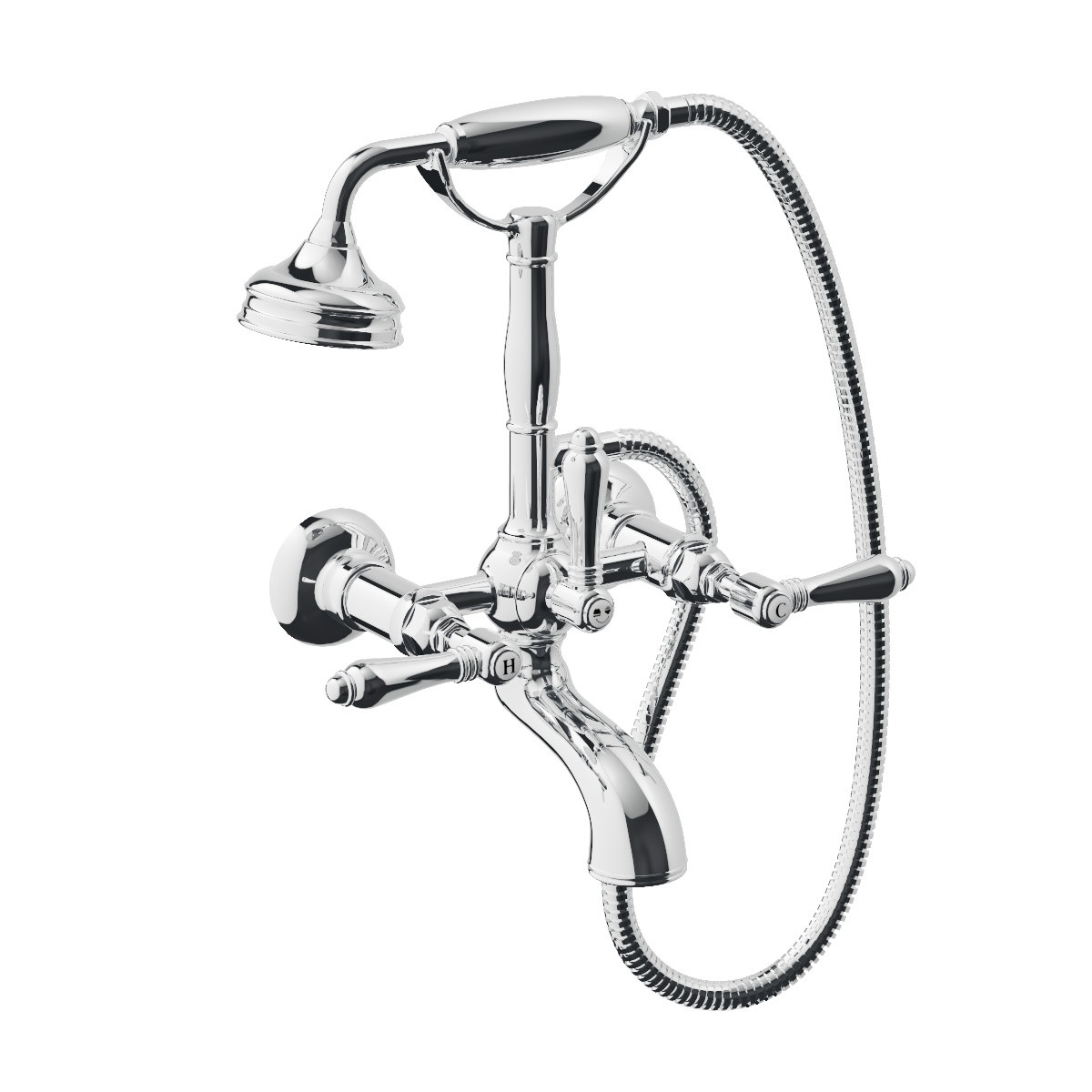Regal Wall Mount Bath/Shower Mixer Brushed Nickel / Black Porcelain Lever