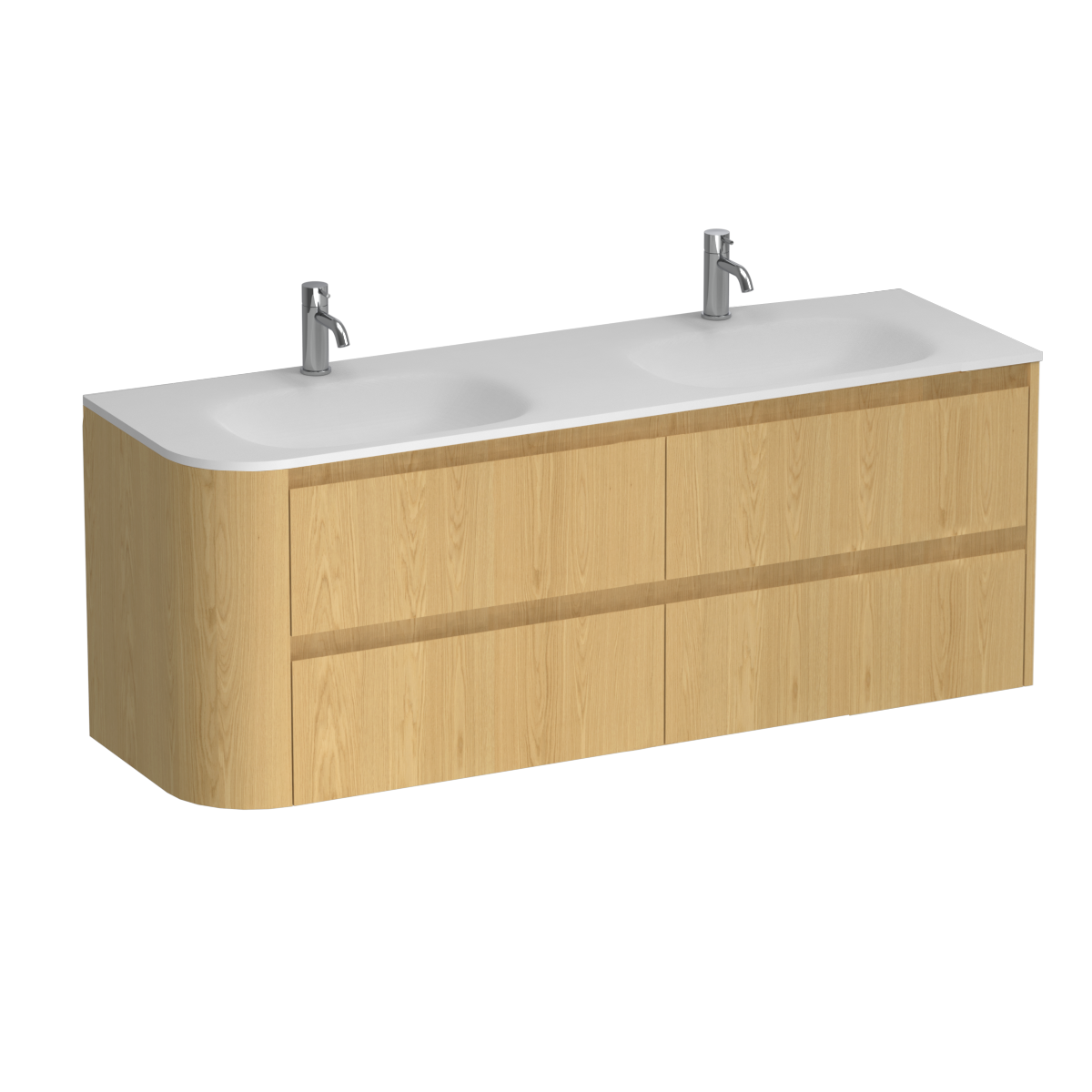 Stanza Curve Spio 1500 Right Corner 4 Drawer Vanity Double Basin Natural Oak