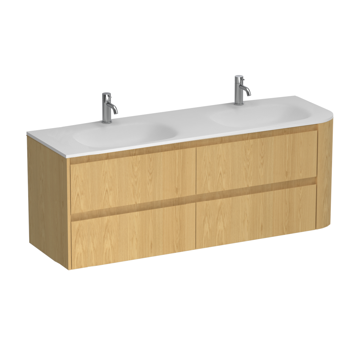 Stanza Curve Spio 1500 Left Corner 4 Drawer Vanity Double Basin Birch