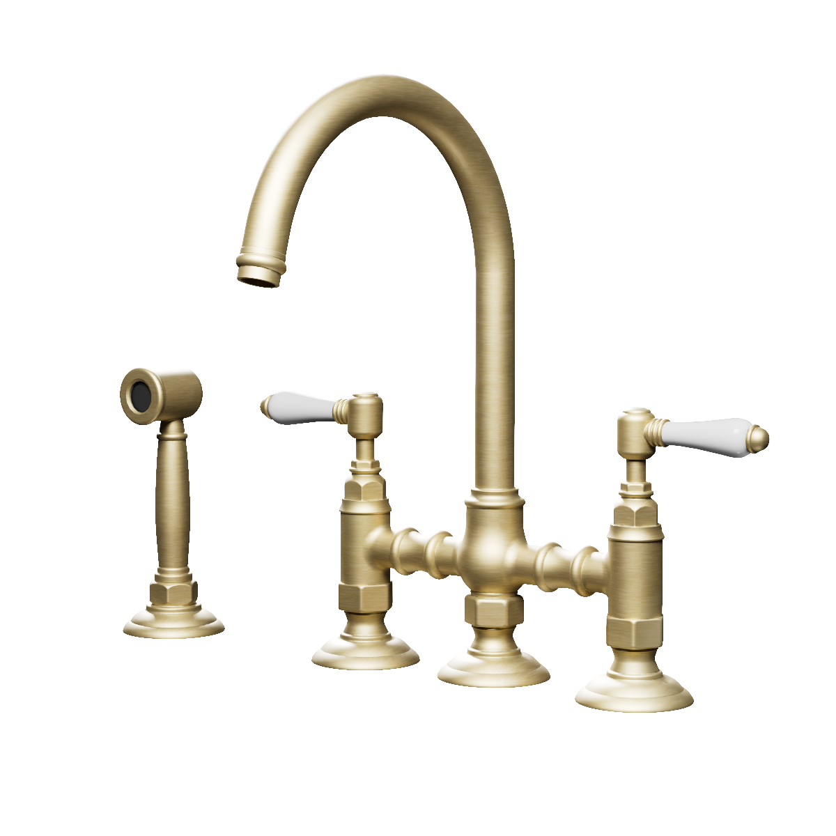 Regal Classic Bridge Kitchen Mixer With Rinse Spray Polished Brass Organic / White Porcelain Lever