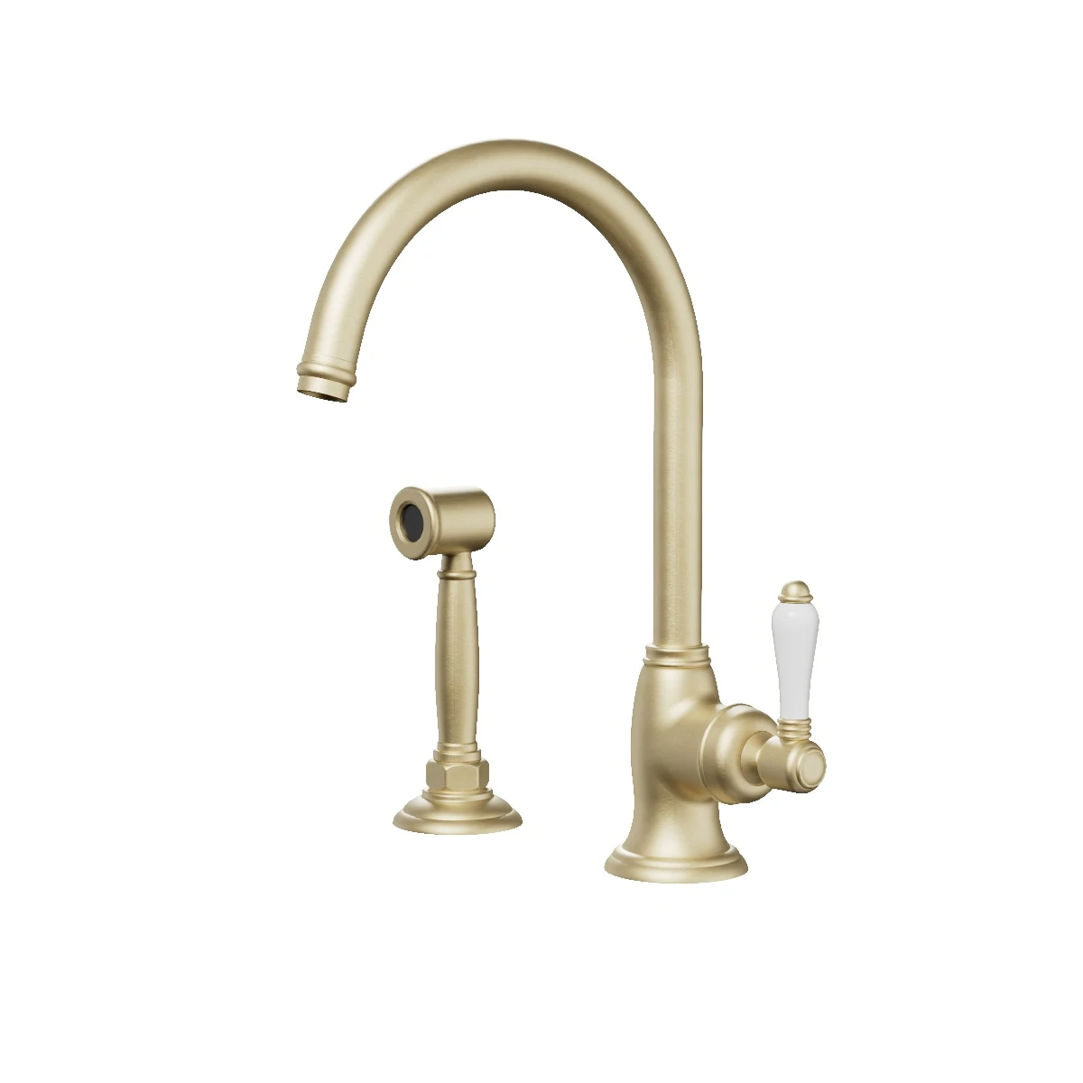 Regal Classic 1 Hole Kitchen Mixer With Rinse Spray Brushed Brass Organic / Black Porcelain Lever