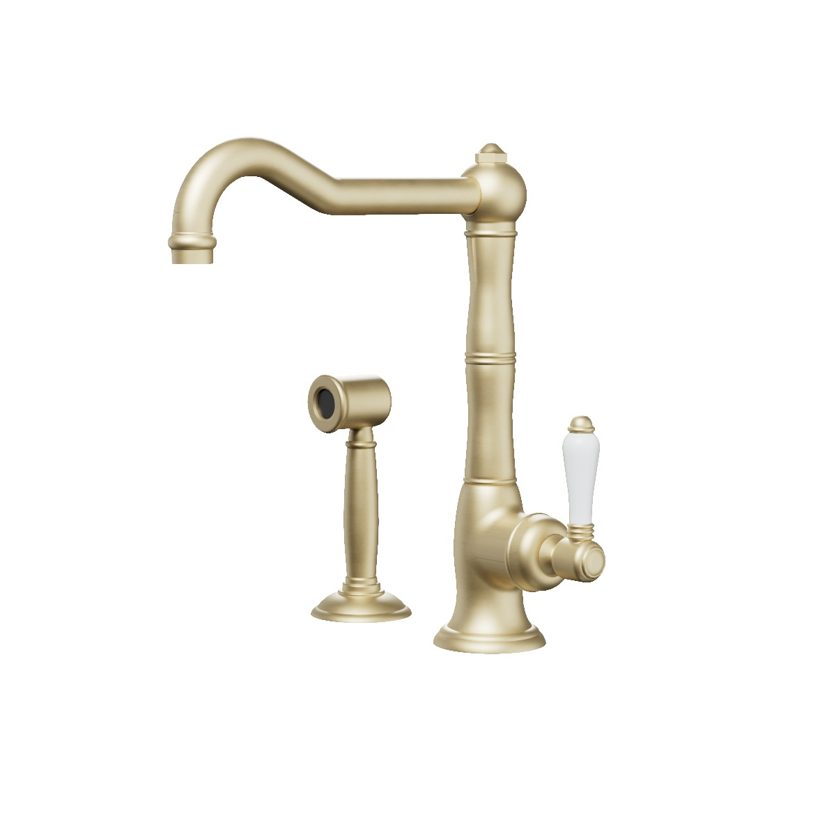 Regal 1 Hole Kitchen Mixer With Rinse Spray Brushed Brass Organic / Black Porcelain Lever