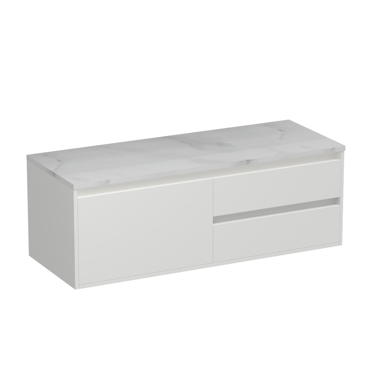 Prava Opaco 1200 3 Drawer Wall Vanity Left Basin White Carrara / White/Vancouver Larch