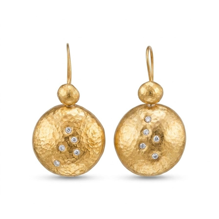 Gold-plated hammered disc earrings with delicate moissanite, featuring a round statement design and textured finish.